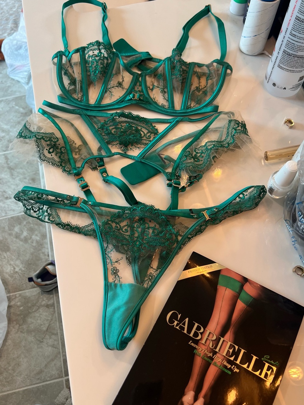 Honey Birdette Teal Lace Sheer Bra, Garter & Thong Set
